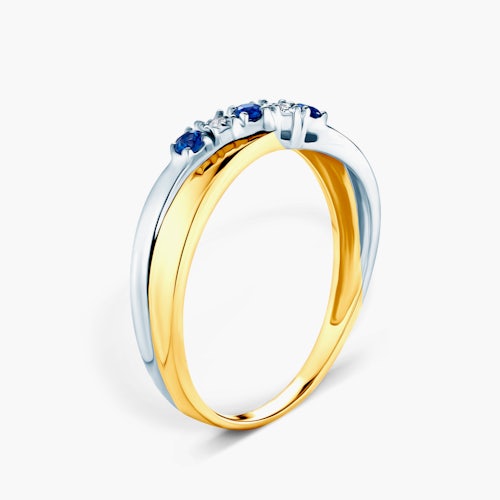 Pierścionek SAVICKI: dwukolorowe złoto, niebieskie szafiry, diamenty